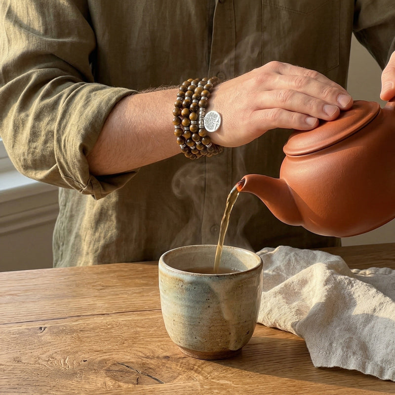 Tibetan Mala Bracelet, natural tiger’s eye beads, zen pendant, meditation jewelry, Menza model