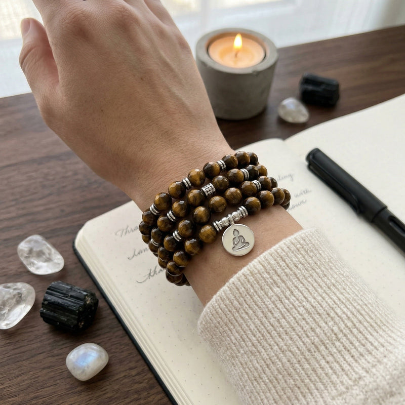 Tibetan Mala Bracelet, natural tiger’s eye beads, zen pendant, meditation jewelry, Menza model