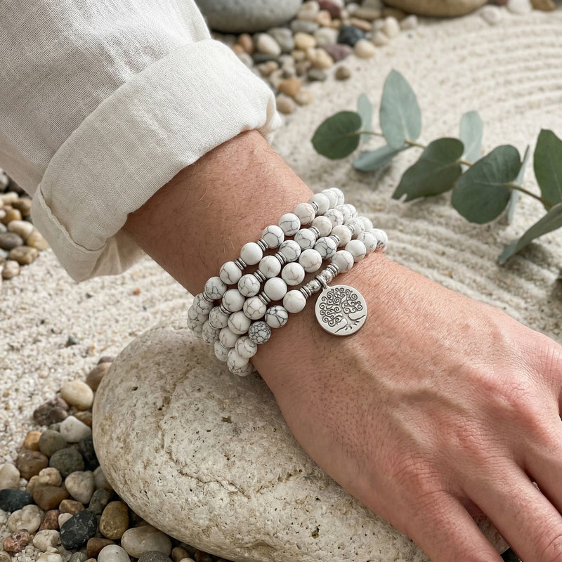 Tibetan Mala Bracelet, White Turquoise Beads, Meditation Jewelry, Spiritual Balance, Inner Harmony, Chewa Model