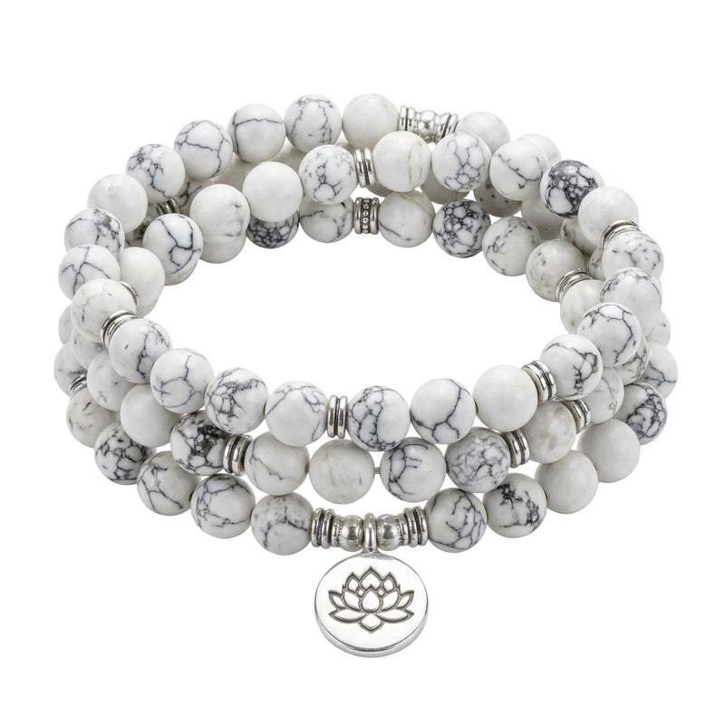 Tibetan Mala Bracelet, White Turquoise Beads, Meditation Jewelry, Spiritual Balance, Inner Harmony, Chewa Model