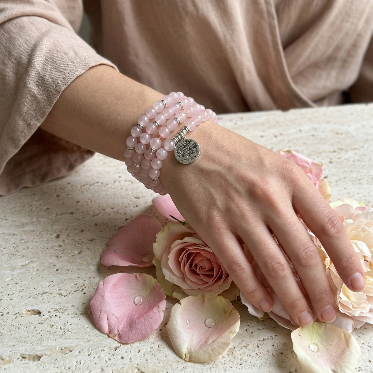 Tibetan Mala bracelet in natural Rose Quartz, symbolic pendant, Boshay model