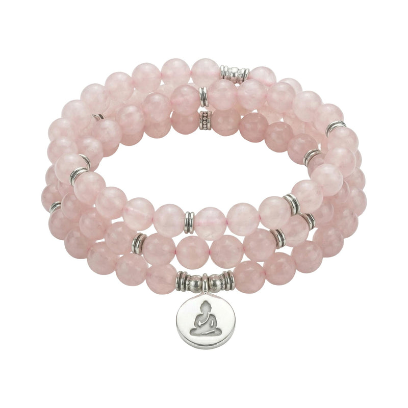 Tibetan Mala Bracelet, Natural Rose Quartz, Meditation Jewelry, Energy Balance, Gemstone Beads, Boshay model