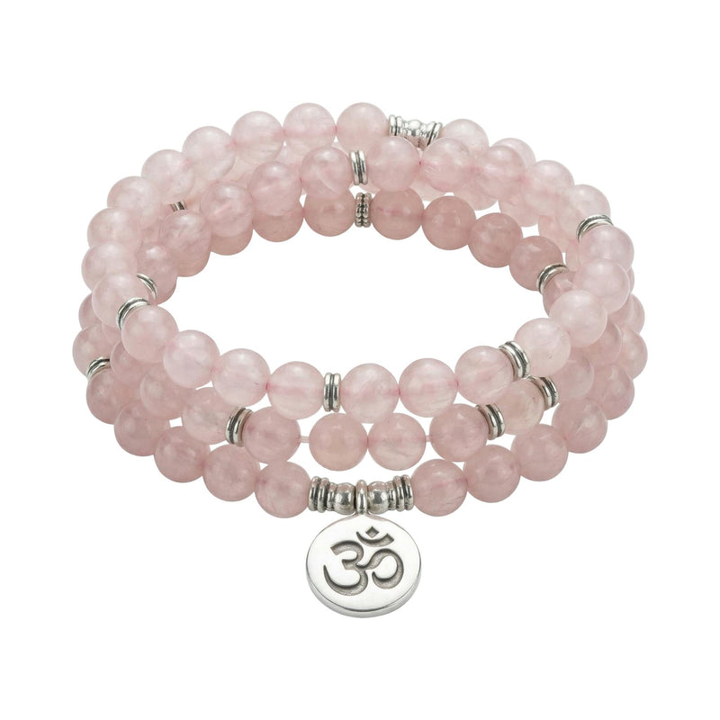 Tibetan Mala Bracelet, Natural Rose Quartz, Meditation Jewelry, Energy Balance, Gemstone Beads, Boshay model