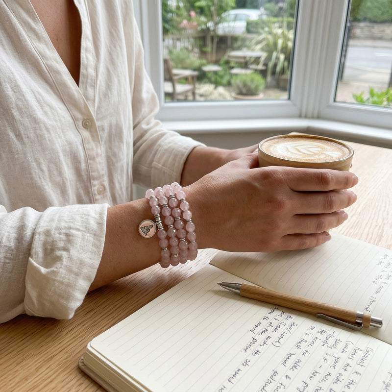 Tibetan Mala Bracelet, Natural Rose Quartz, Meditation Jewelry, Energy Balance, Gemstone Beads, Boshay model