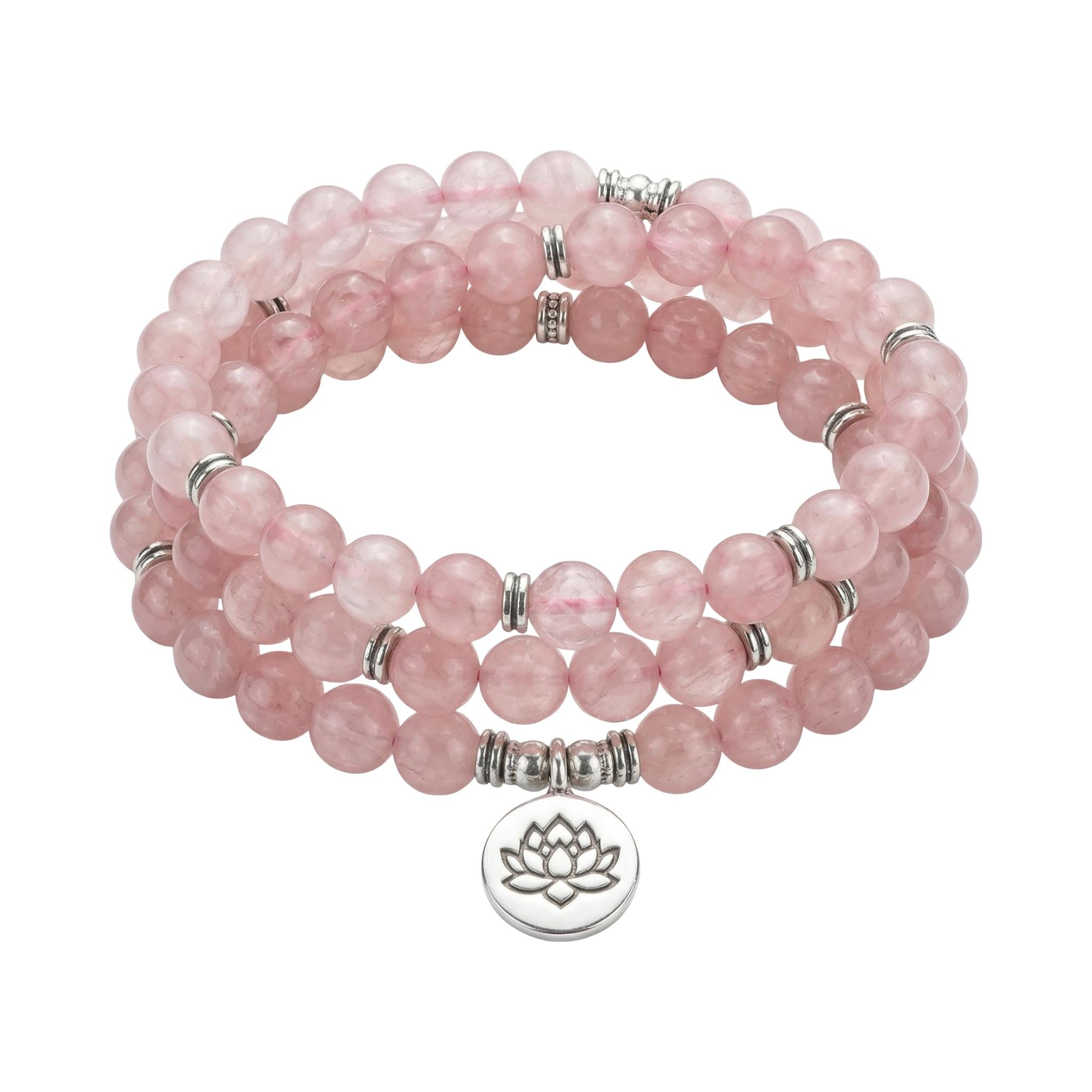 Tibetan Mala Bracelet, Natural Rose Quartz, Meditation Jewelry, Energy Balance, Gemstone Beads, Boshay model