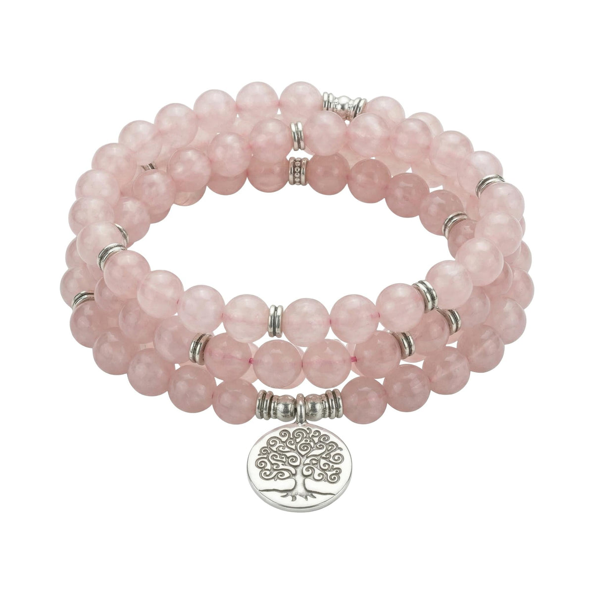 Tibetan Mala bracelet in natural Rose Quartz, symbolic pendant, Boshay model