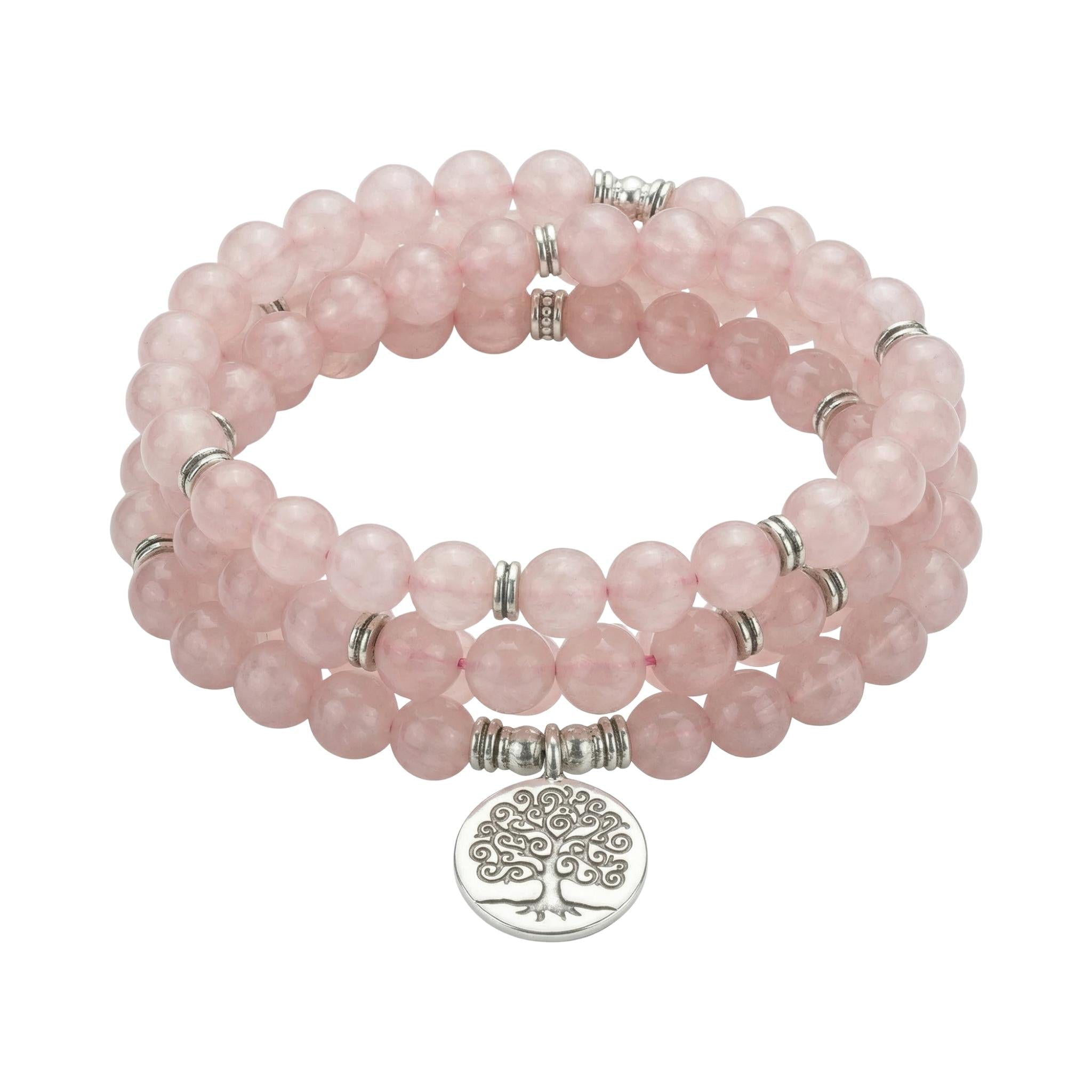 Tibetan Mala bracelet in natural Rose Quartz, symbolic pendant, Boshay model