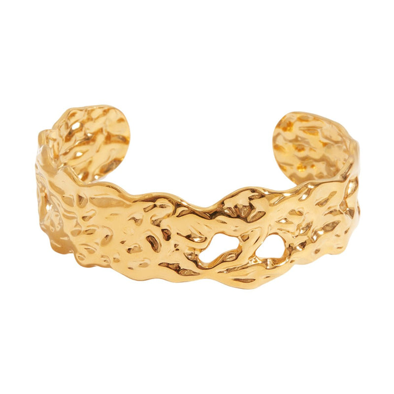 Bracelet manchette doré, effet martelé ajouré, en acier inoxydable, modèle Kaëna - La Boutique du Bracelet