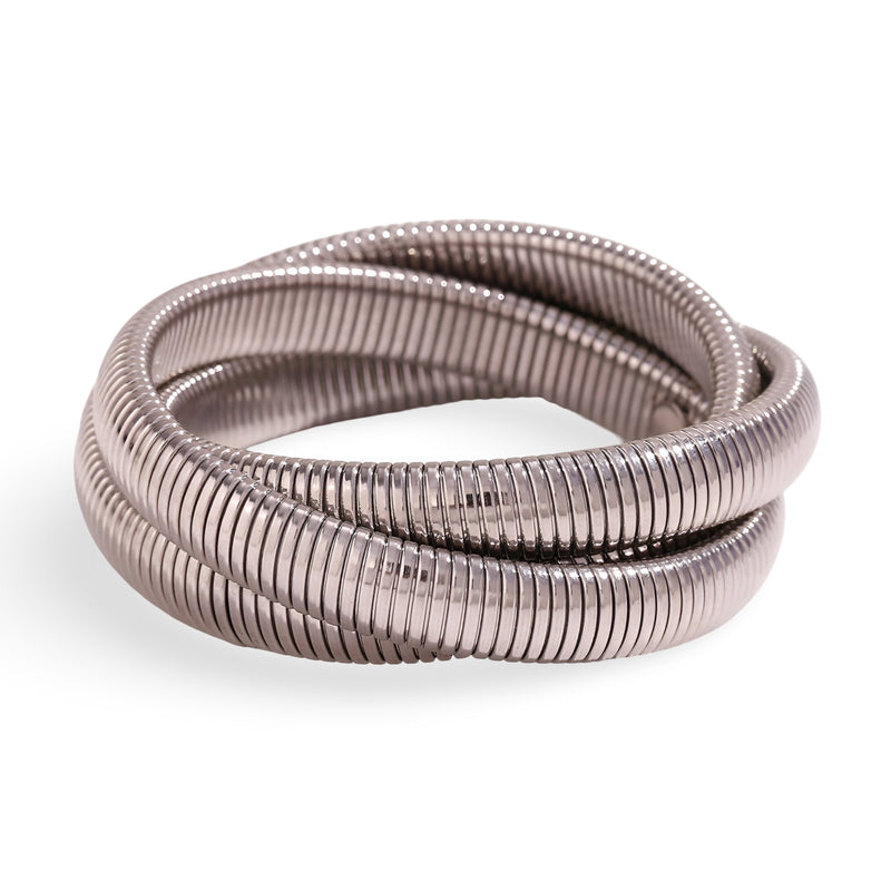 Bracelet manchette trio Oriane en métal argenté avec texture spirale lisse.