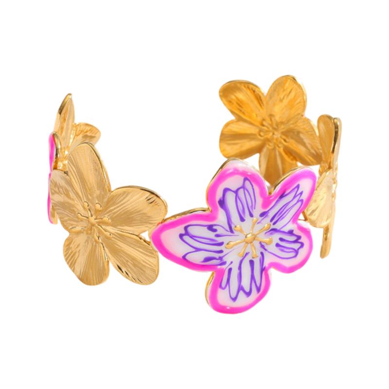 Bracelet manchette femme, motif floral coloré, acier inoxydable doré, bijou ajustable, éclat printanier, modèle Déssima