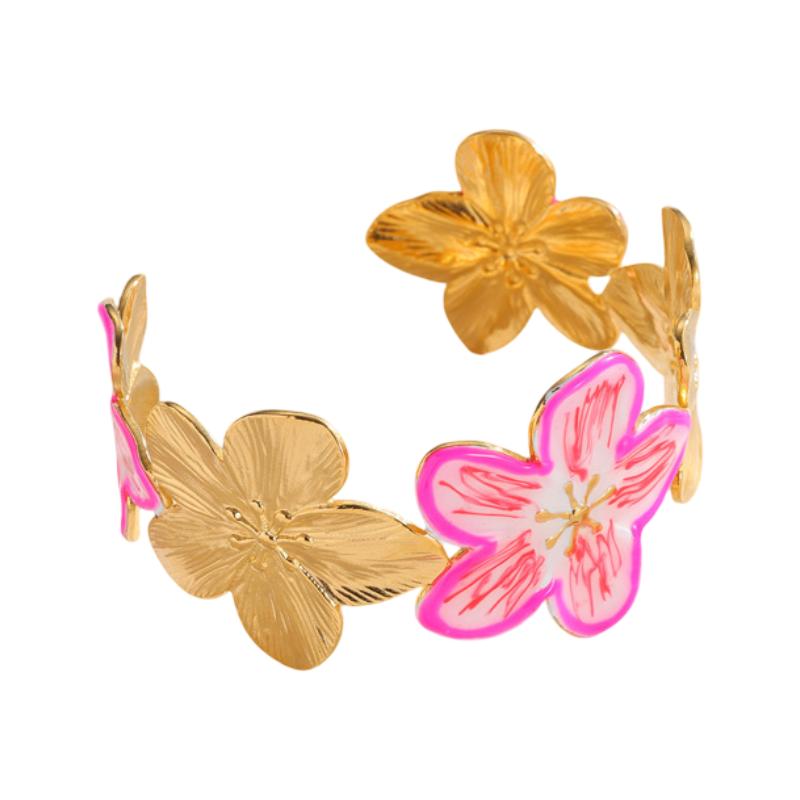 Bracelet manchette femme, motif floral coloré, acier inoxydable doré, bijou ajustable, éclat printanier, modèle Déssima