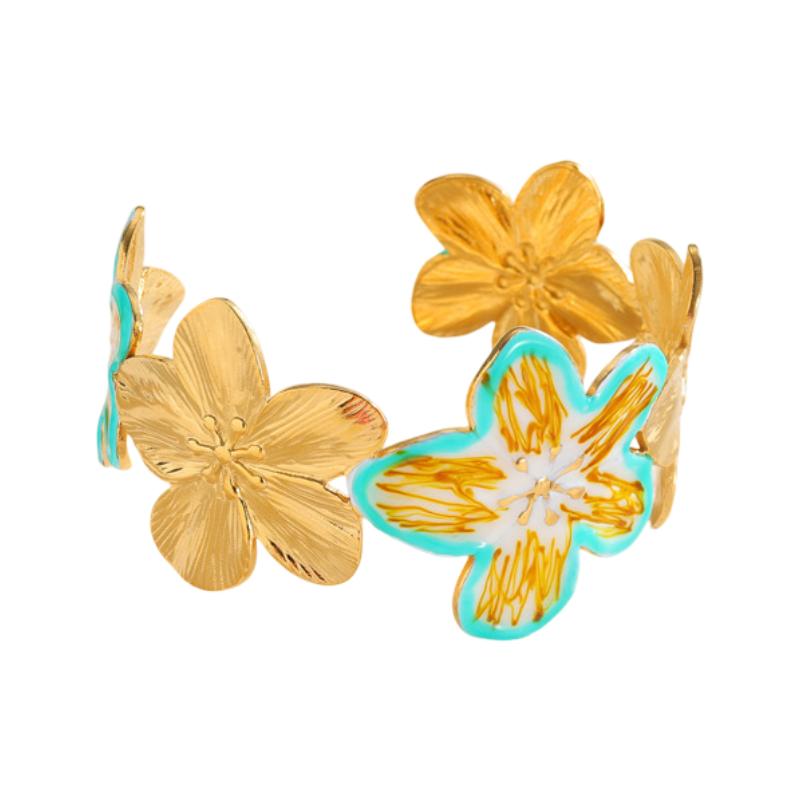 Bracelet manchette femme, motif floral coloré, acier inoxydable doré, bijou ajustable, éclat printanier, modèle Déssima