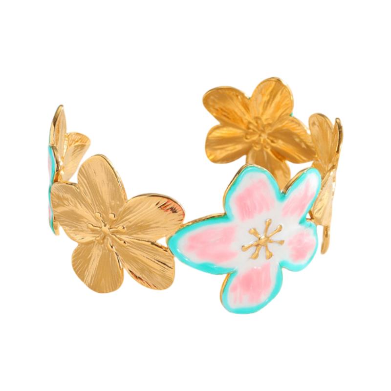 Bracelet manchette femme, motif floral coloré, acier inoxydable doré, bijou ajustable, éclat printanier, modèle Déssima