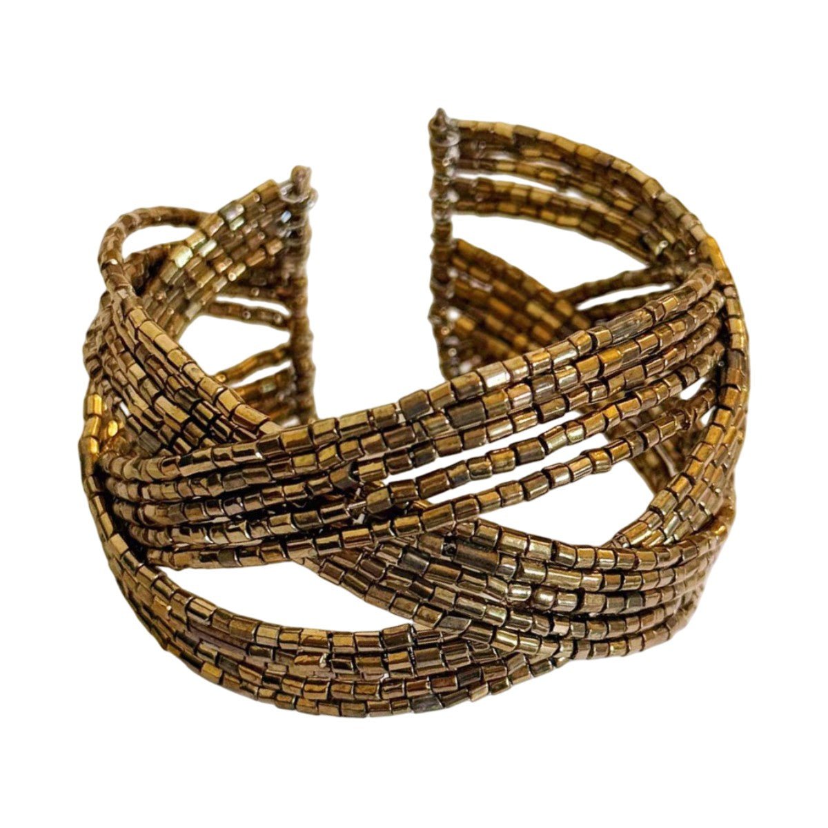 Pulseira tipo manchete para mulher com pérolas douradas, joia de pulso ajustável de várias voltas, acessório elegante entrançado para senhora, pulseira larga em liga metálica, adorno de braço original para festa, modelo Fadine