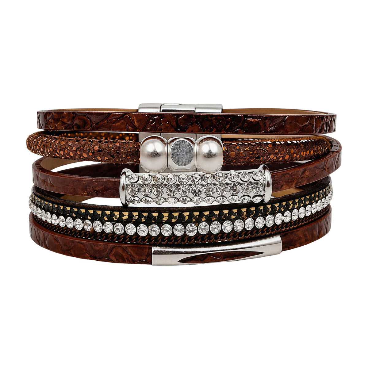 Meerrijige manchetarmband van bruin splitleer voor dames, sieraad met magneetsluiting, elegant modeaccessoire met fonkelende strass-steentjes, model Enesta