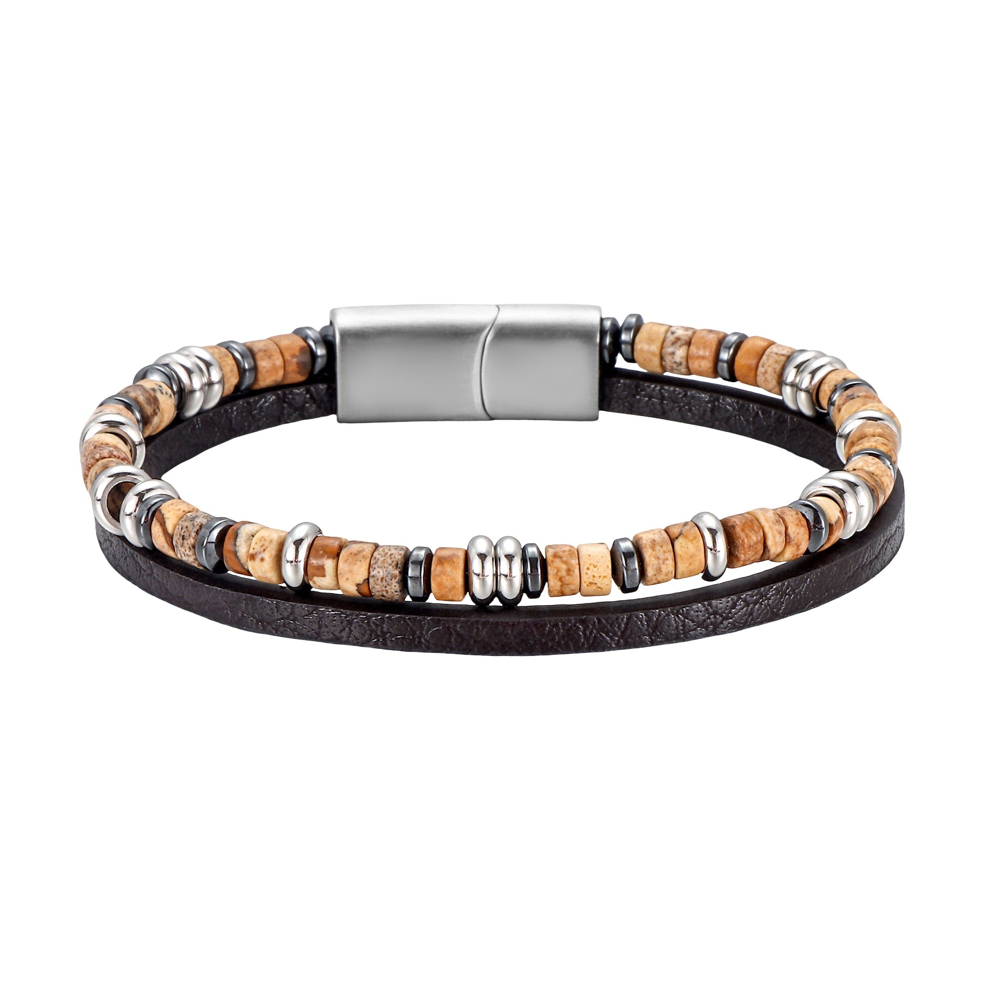 Bracelet homme en cuir noir avec perles en pierres naturelles beiges et métal argenté, fermoir magnétique robuste.