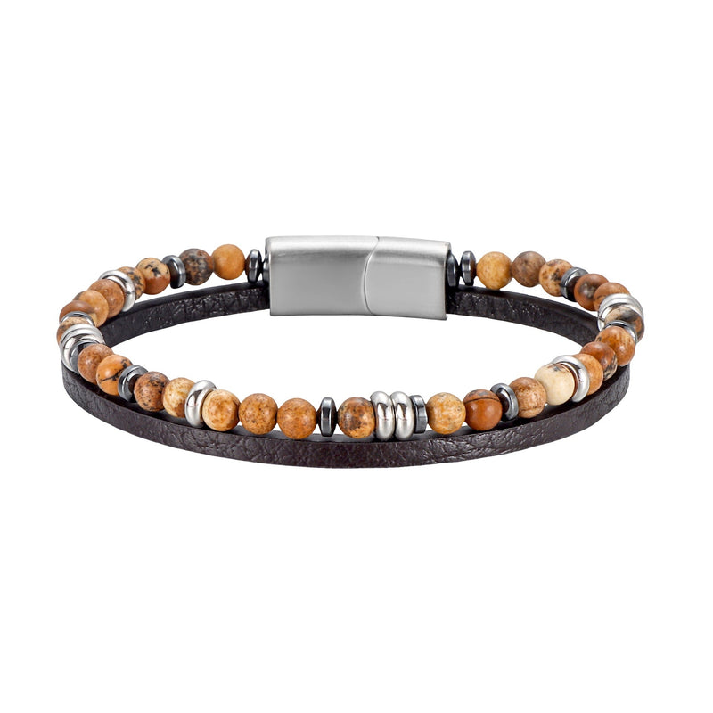 Bracelet homme cuir marron foncé avec perles naturelles marron clair et détails métalliques argentés, fermoir sécurisé.