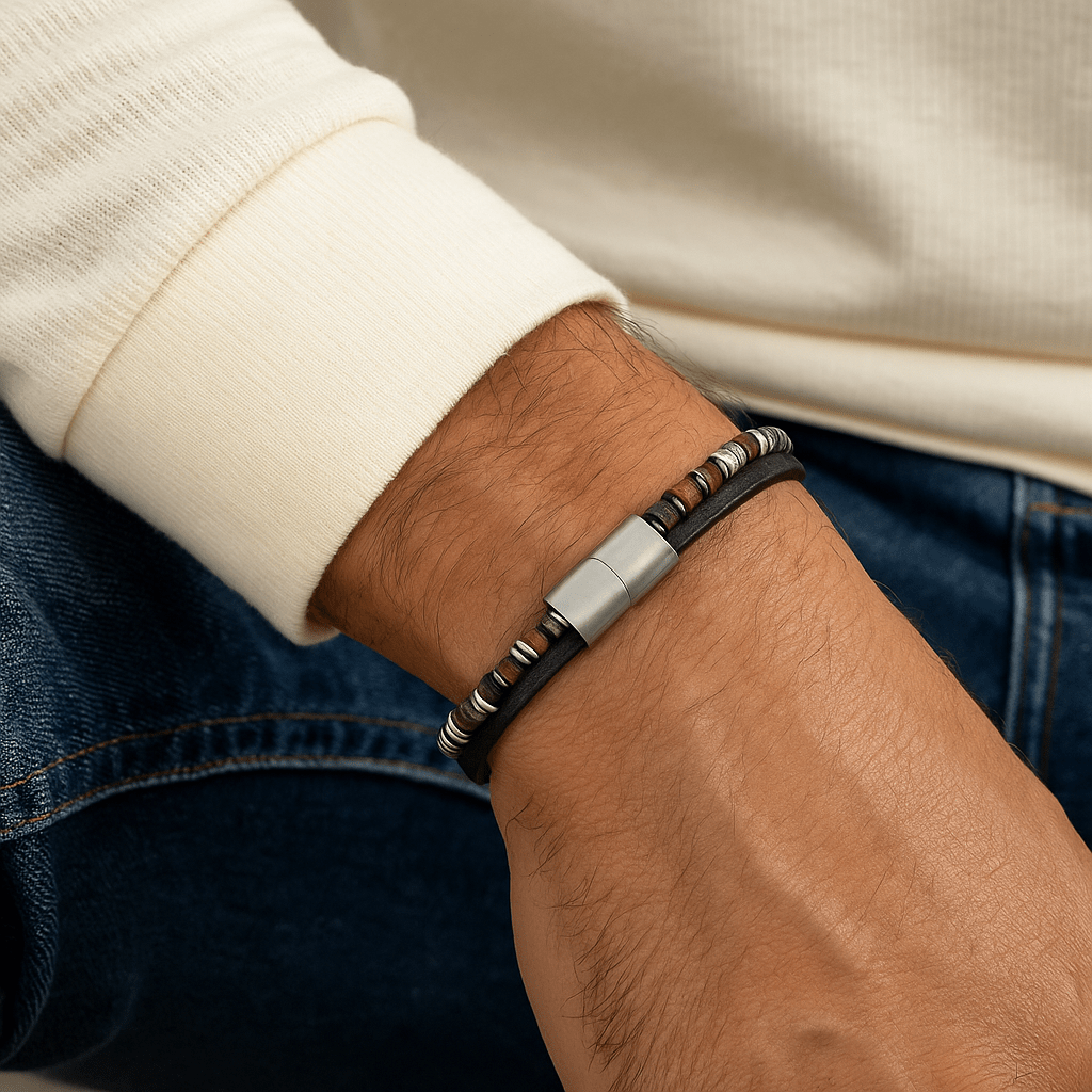 Bracelet homme en cuir noir avec perles en pierres naturelles grises et détails métalliques argentés, fermoir sécurisé.