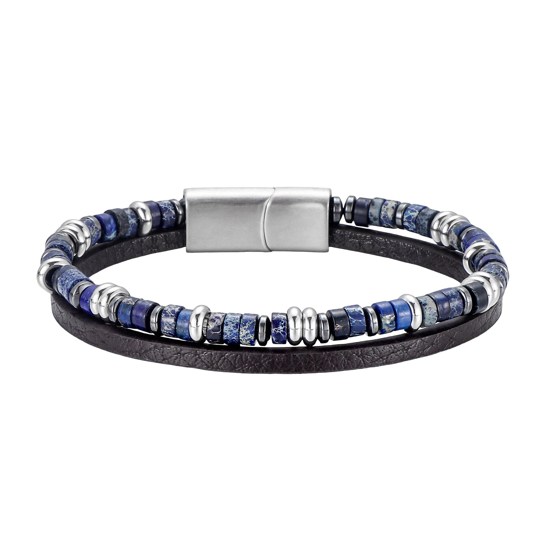 Bracelet masculin en cuir noir avec pierres naturelles bleues et détails argentés, fermoir métallique sécurisé.