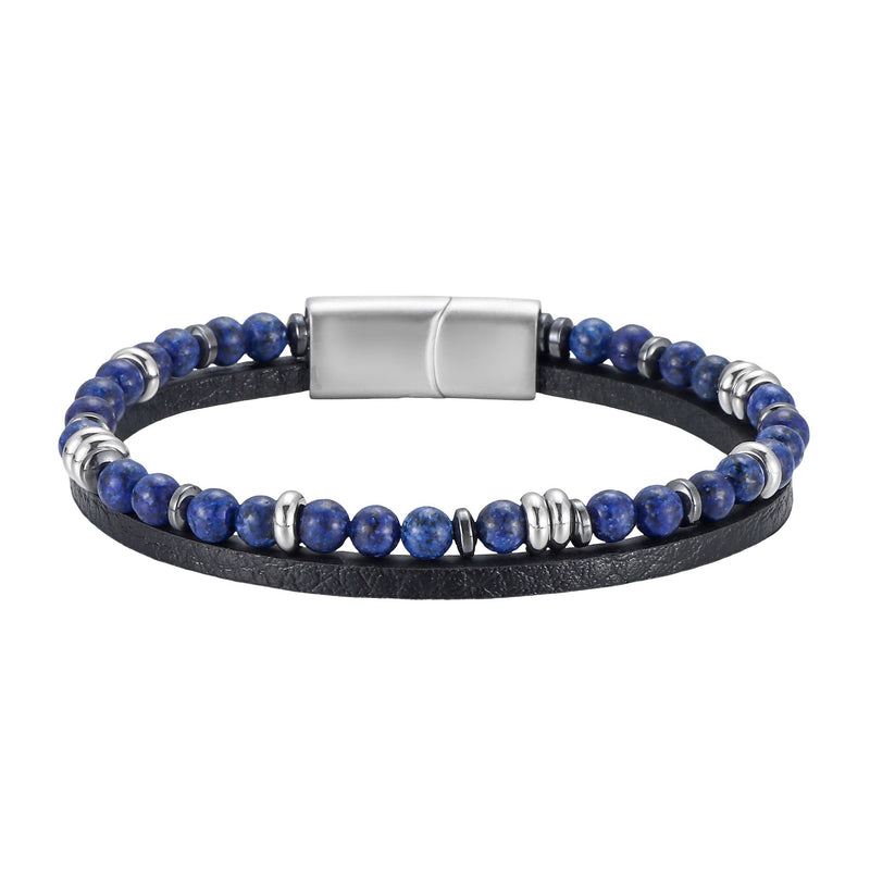 Bracelet homme avec pierres bleues naturelles, cuir noir plat, perles métalliques argentées et fermoir magnétique acier.
