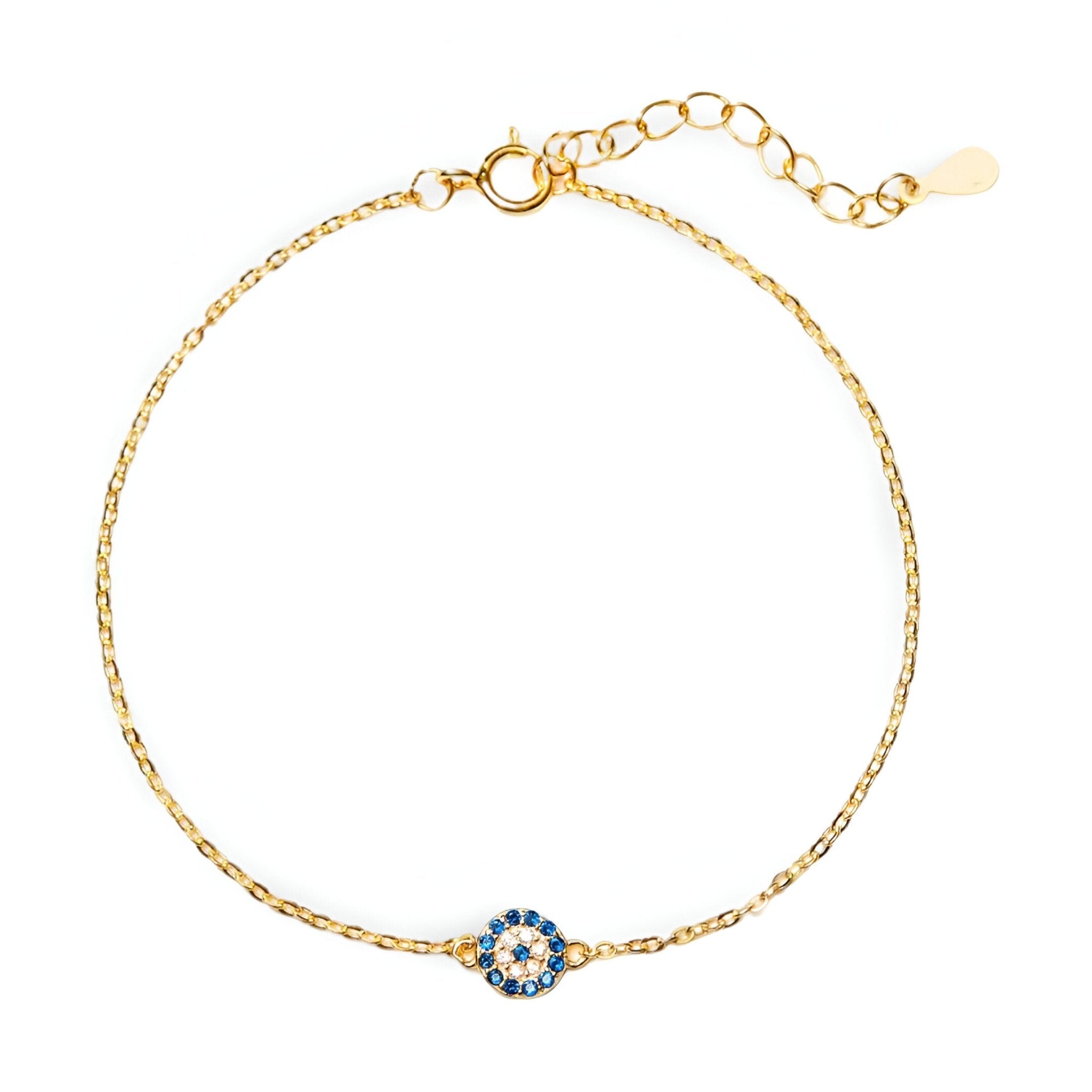 Bracelet fin en argent sterling orné d'un pendentif œil bleu et blanc avec chaîne réglable.