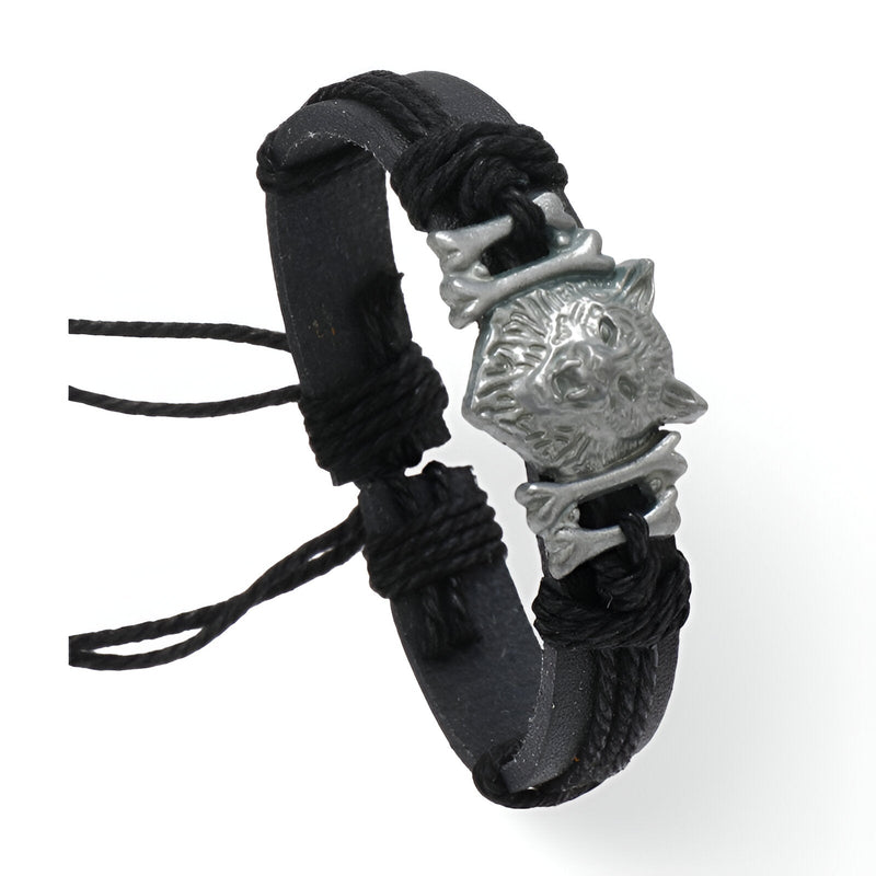 Bracelet homme microfibre noir avec tête de loup hurlant en métal argenté.