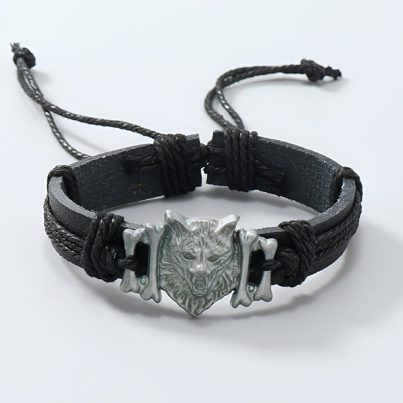 Bracelet homme noir en microfibre avec tête de loup hurlant en métal argenté.