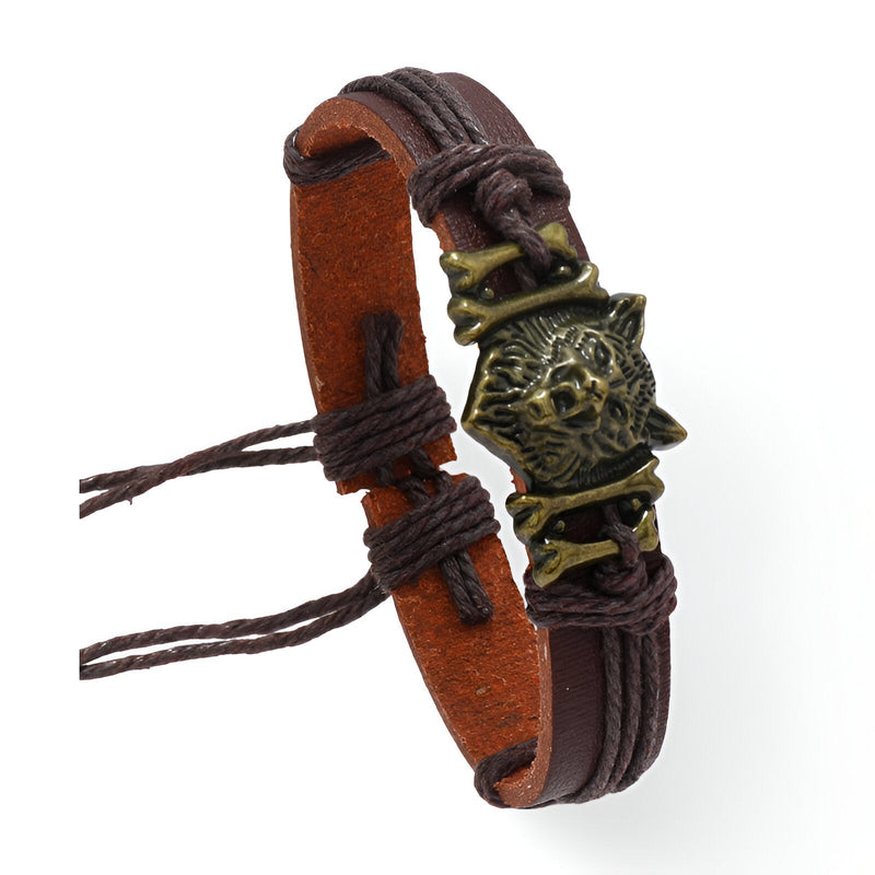 Bracelet en microfibre marron avec tête de loup hurlant en métal doré, style Quincy.