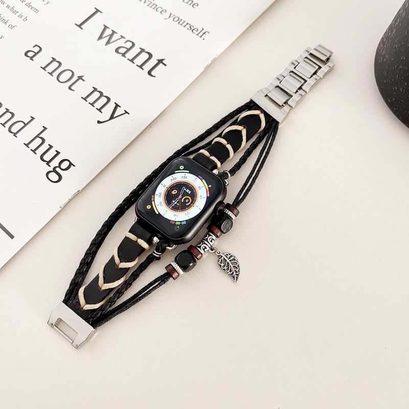 Bracelet montre Apple en simili tressé, bracelet multi rang avec bois et pendentif feuille, bracelet bohème chic pour Apple Watch, modèle Trossa