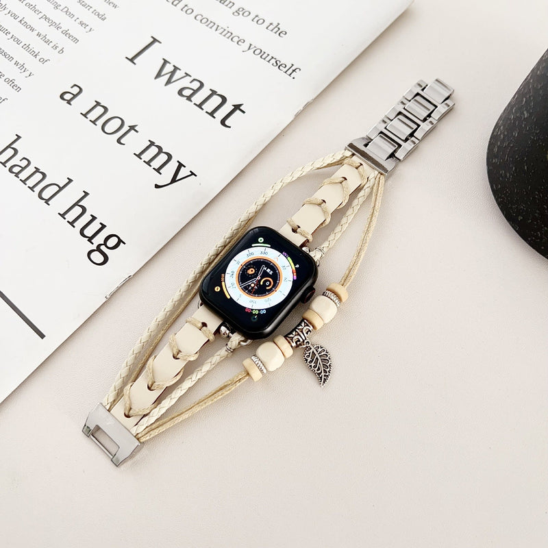 Bracelet montre Apple en simili tressé, bracelet multi rang avec bois et pendentif feuille, bracelet bohème chic pour Apple Watch, modèle Trossa