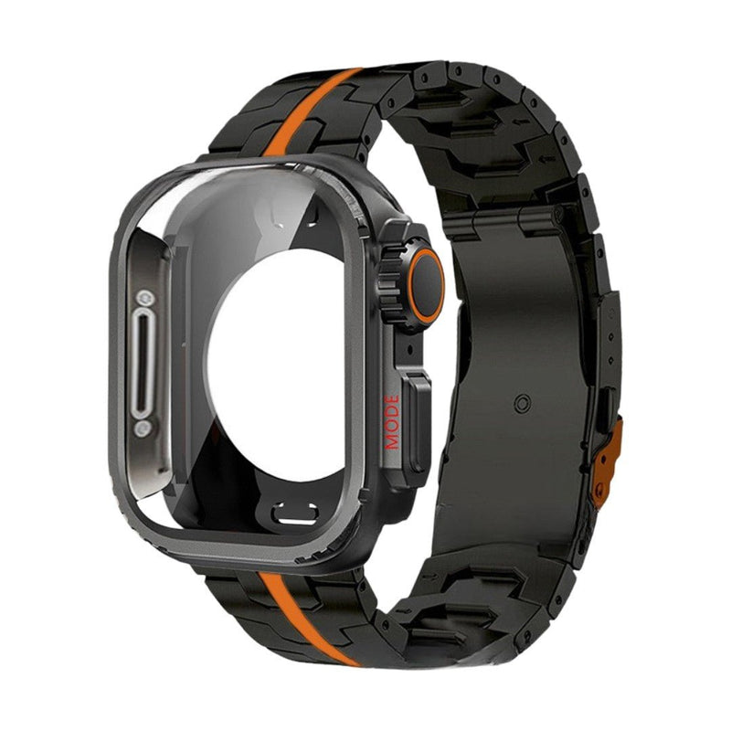 Bracelet montre Apple en titane noir mat avec maille moderne, ligne orange distinctive et boucle déployante robuste.