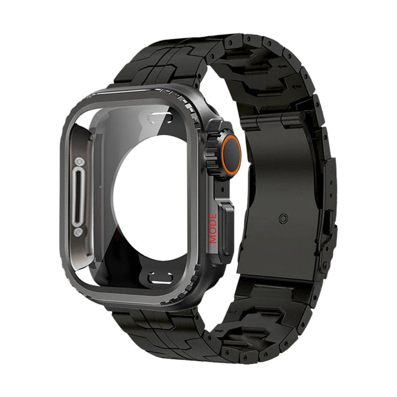 Bracelet montre Apple en titane noir mat avec maille moderne, boucle déployante, bouton et ligne orange distinctive.