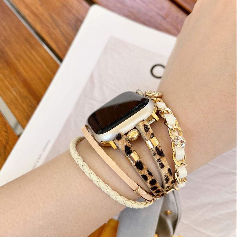 Bracelet montre Apple Watch femme simili tressé et chaîne dorée, bijou élégant avec strass et finitions brillantes, modèle Wixe