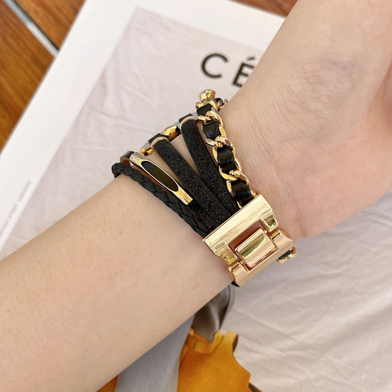 Bracelet montre Apple Watch femme simili tressé et chaîne dorée, bijou élégant avec strass et finitions brillantes, modèle Wixe