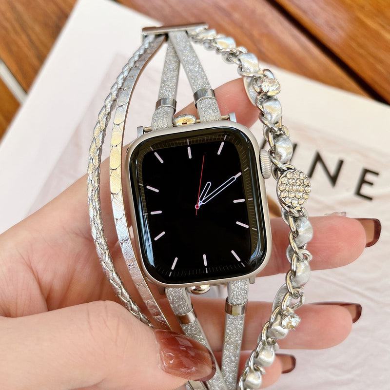 Bracelet montre Apple Watch femme simili tressé et chaîne dorée, bijou élégant avec strass et finitions brillantes, modèle Wixe