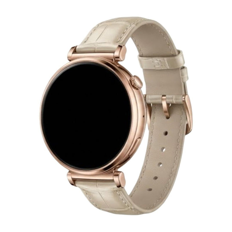 Bracelet montre effet crocodile beige clair en simili vegan avec boucle métal doré pour montre connectée femme.