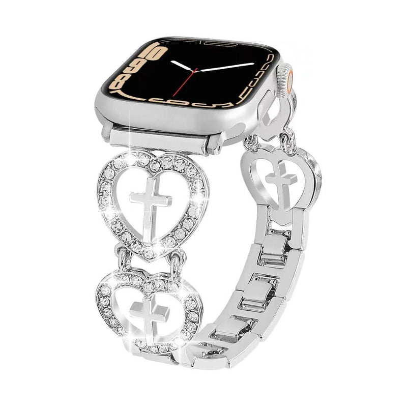 Women's Smartwatch Bracelet, Heart and Cross Design, Clip-On Links, Silver or Gold Finish, Modern Religious Jewelry, Relika Model