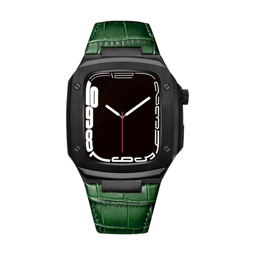 Bracelet montre en cuir vert texturé effet croco avec coque noire intégrée et boucle ardillon noire, design armure moderne.