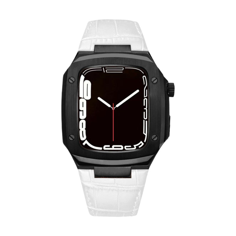 Bracelet montre cuir blanc avec coque noire intégrée type armure et boucle ardillon.