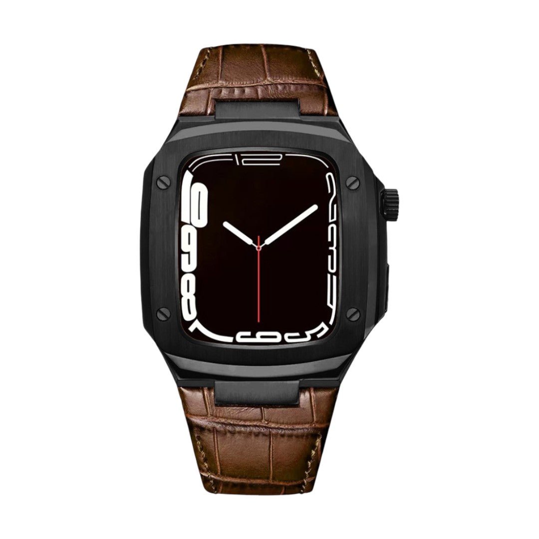 Bracelet montre cuir marron avec motif crocodile, coque noire intégrée armure moderne, boucle ardillon noire.