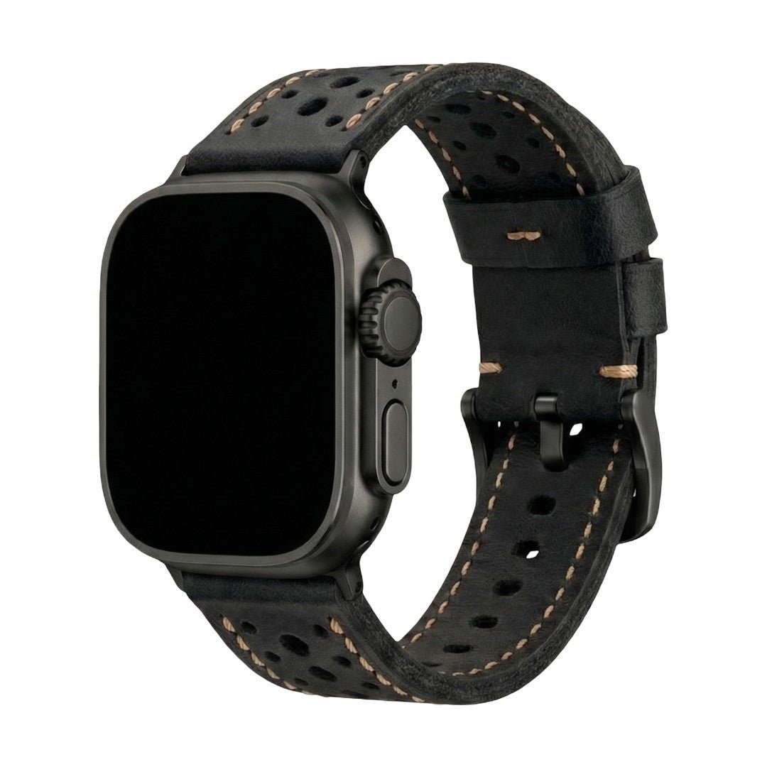Genuine perforated leather watch strap, contrasting stitching, steel pin buckle, Guenole model