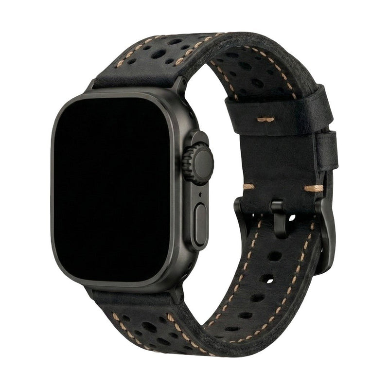 Bracelet montre cuir perforé, bracelet robuste style rétro, boucle acier inoxydable, confort quotidien et maintien précis, modèle Guénolé