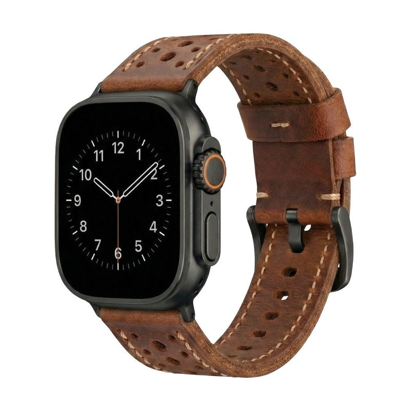 Bracelet montre cuir perforé, bracelet robuste style rétro, boucle acier inoxydable, confort quotidien et maintien précis, modèle Guénolé