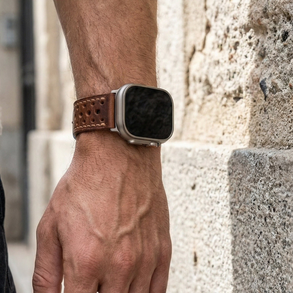 Genuine perforated leather watch strap, contrasting stitching, steel pin buckle, Guenole model