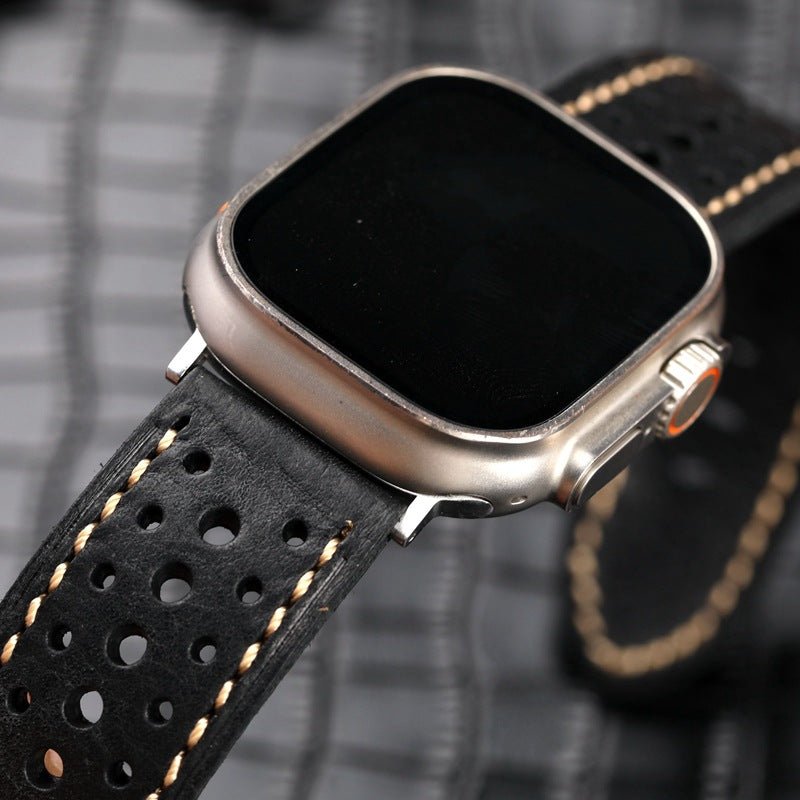 Genuine perforated leather watch strap, contrasting stitching, steel pin buckle, Guenole model