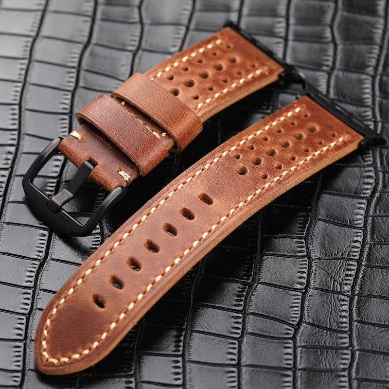 Genuine perforated leather watch strap, contrasting stitching, steel pin buckle, Guenole model