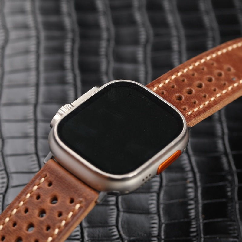 Genuine perforated leather watch strap, contrasting stitching, steel pin buckle, Guenole model
