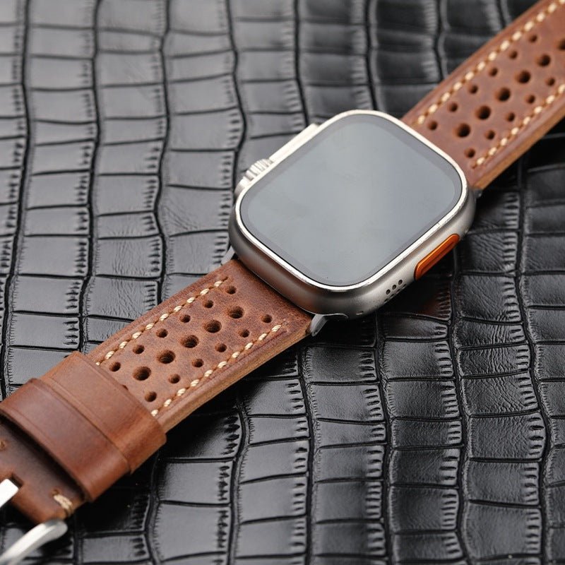 Genuine perforated leather watch strap, contrasting stitching, steel pin buckle, Guenole model