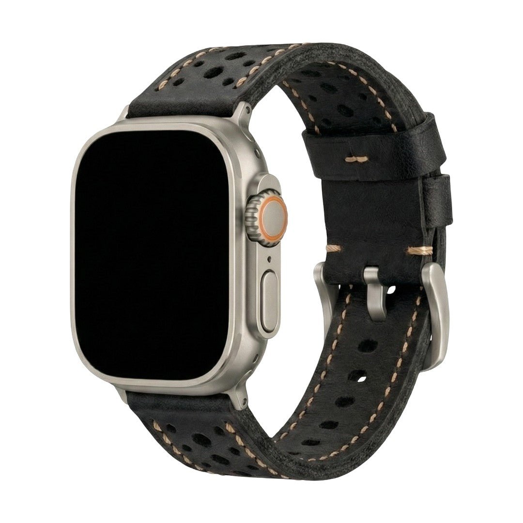 Genuine perforated leather watch strap, contrasting stitching, steel pin buckle, Guenole model