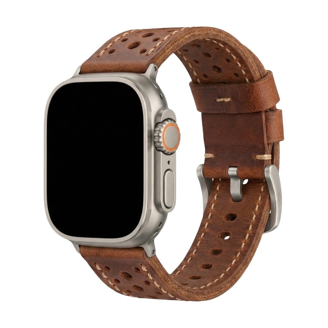 Bracelet montre cuir perforé, bracelet robuste style rétro, boucle acier inoxydable, confort quotidien et maintien précis, modèle Guénolé